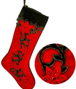 25" Berry Vine Jewel Poinsettia Velvet Stocking
