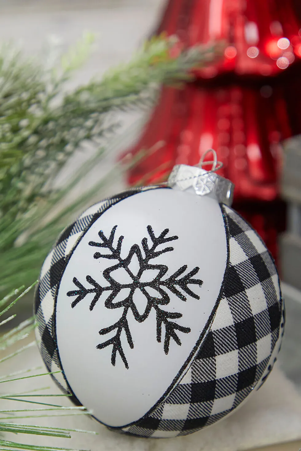 4" Black and White Ball Plaid Ornament