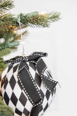 4” Black and White Harlequin Bow Ball Ornament