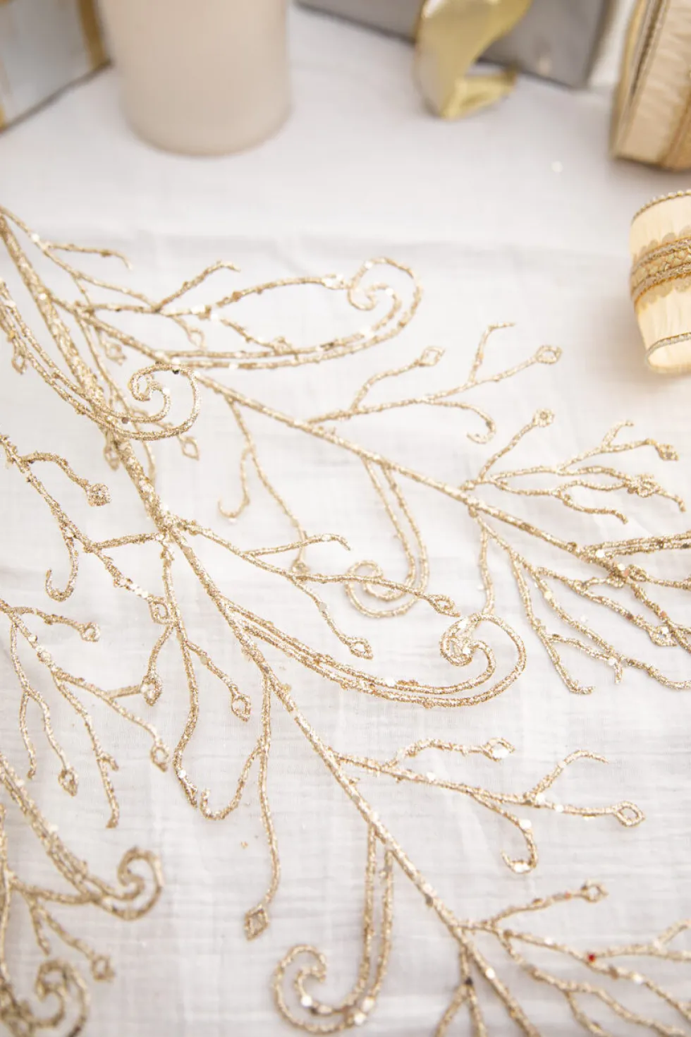 34" Champagne Glitter Lace Leaf Spray