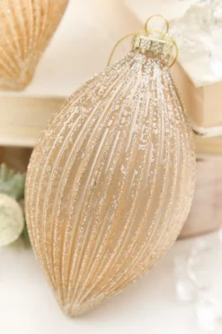 4" - 6" Champagne Glitter Ribbed Glass Ornament