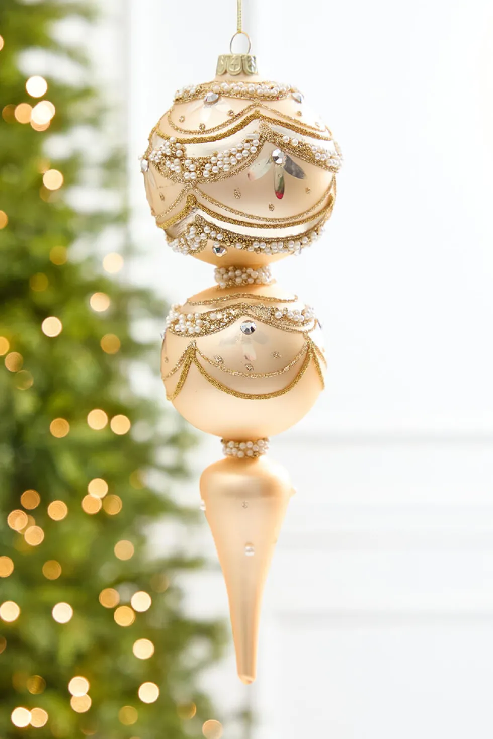 11" Champagne & Pearl Trimmed Finial Glass Ornament