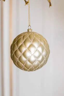 10 CM Champagne Matte Glitter Quilted Net Ball Ornament