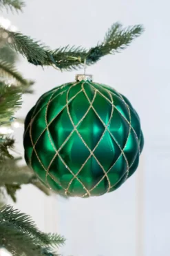 15 CM Emerald Green Matte Glitter Quilted Net Ball Christmas Ornament