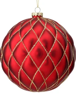 15 CM Red Matte Glitter Net Quilted Ball Ornament