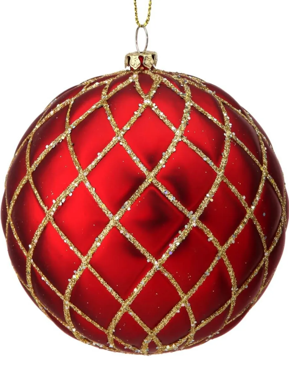 10 CM Red Matte Glitter Quilted Ball Ornament