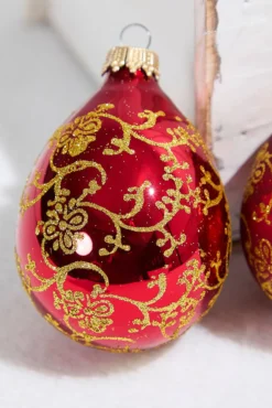 6ct Glass Drop Christmas Red & Red Velvet with Gold Floral Glitterlace