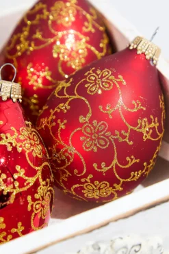 4ct Glass Drop Christmas Red Velvet Gold Floral Glitter Ornament