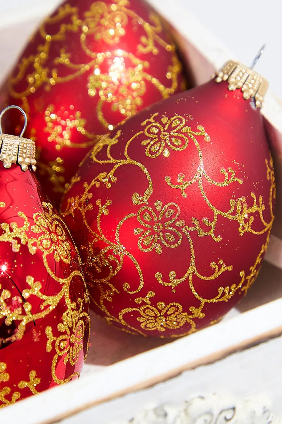 4ct Glass Drop Christmas Red Velvet Gold Floral Glitter Ornament