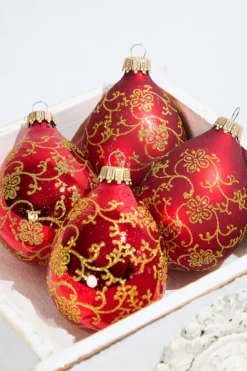 4ct Glass Drop Christmas Red Velvet Gold Floral Glitter Ornament