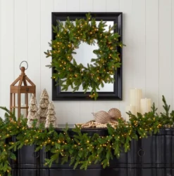 24" Dandan Green Plug-In Wreath with Warm White LED Lights