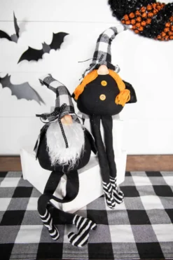 22” Fabric Halloween Buffalo Check Gnome Shelf Sitter