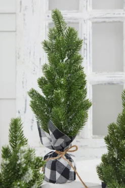 Flocked Pine Tree With Plaid Fabric - Large