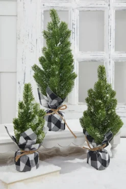 Flocked Pine Tree With Plaid Fabric - Large