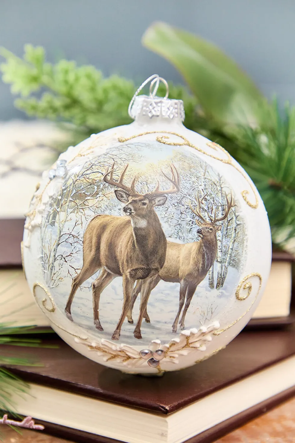 5” Glass Deer with Holly Scroll Ball Ornament