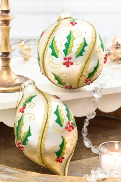 5" - 7" Glass Holly Ball & Finial Ornament
