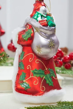 8" Glass Holly Days Santa Ornament