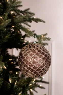 6” Glittered 2 Tone Net Ball Christmas Ornaments - Chocolate/Champagne