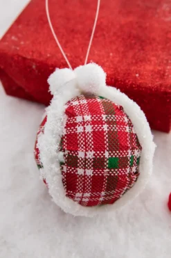 5” Glitter Fur Edge Plaid Ball Ornament