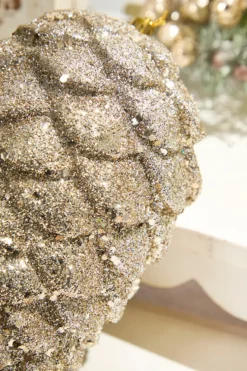 9" Glitter Pinecone with Hanger - Champagne