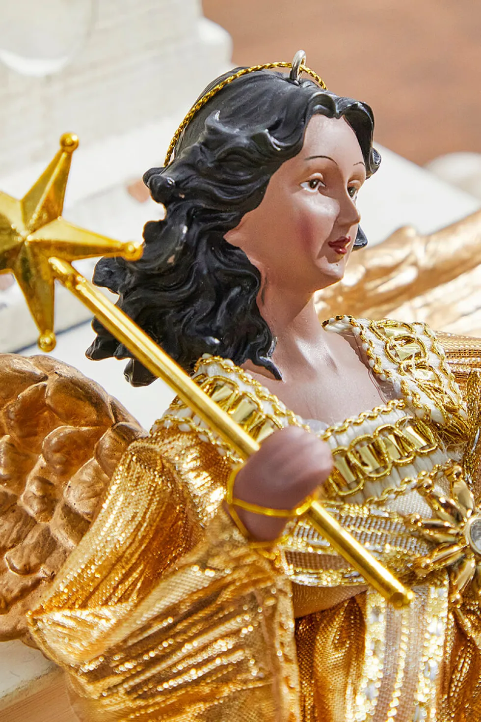 9" Gold Fabric Flying Black Angel Ornament