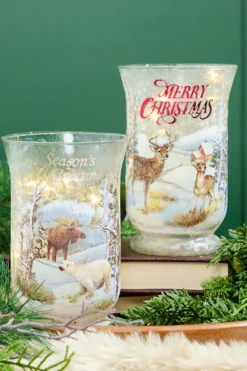 8"H B/O Lighted Glass Deer/Moose Design Hurricane Luminary