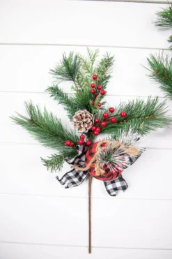 18” Holiday Pine Pick with Buffalo Check Ornament & Berries