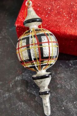 9" Holiday Plaid Finial Glass Ornament