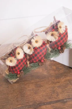 4” Holiday Plaid Owl Ornaments - Set of 3