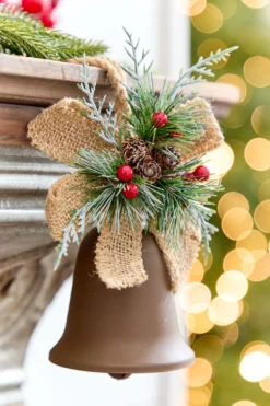 4" Holly & Pinecone Metal Bell Ornament
