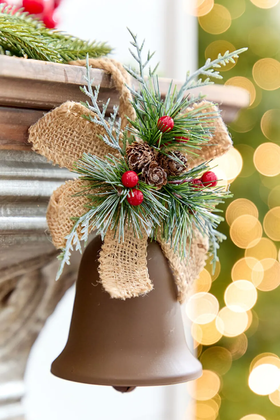 4" Holly & Pinecone Metal Bell Ornament