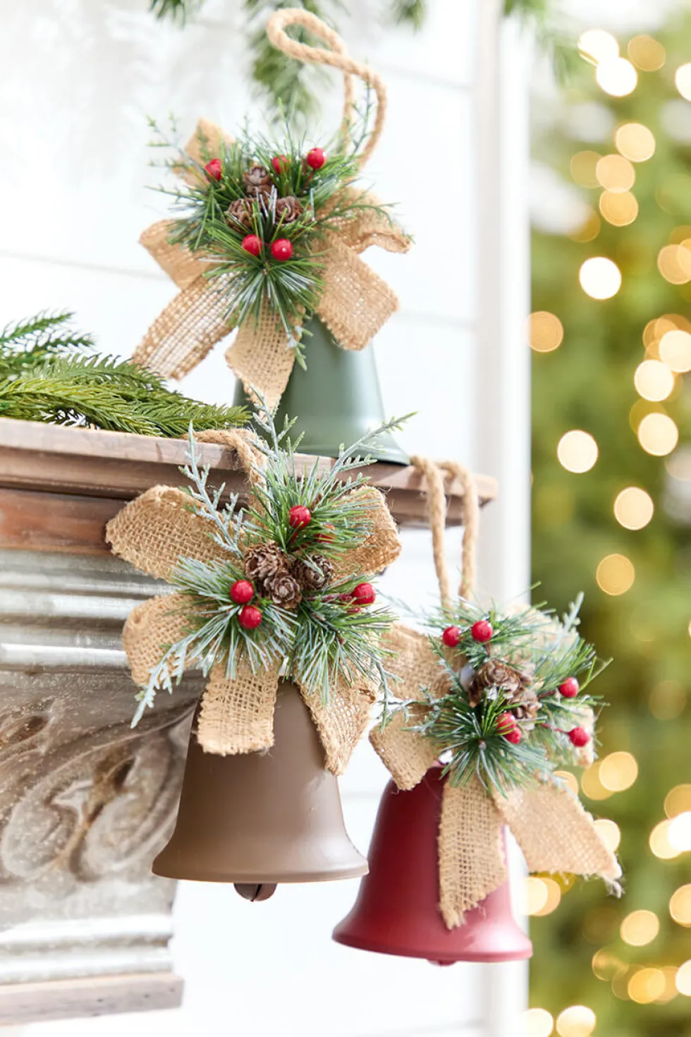 4" Holly & Pinecone Metal Bell Ornament