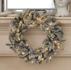 24" Lexington Fir Flocked Plug-In Wreath with Warm White LED Lights