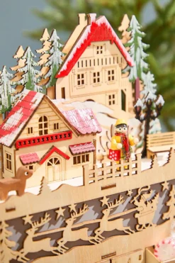 14.1" Lighted Laser Cut Wood Holiday Village Advent Calendar