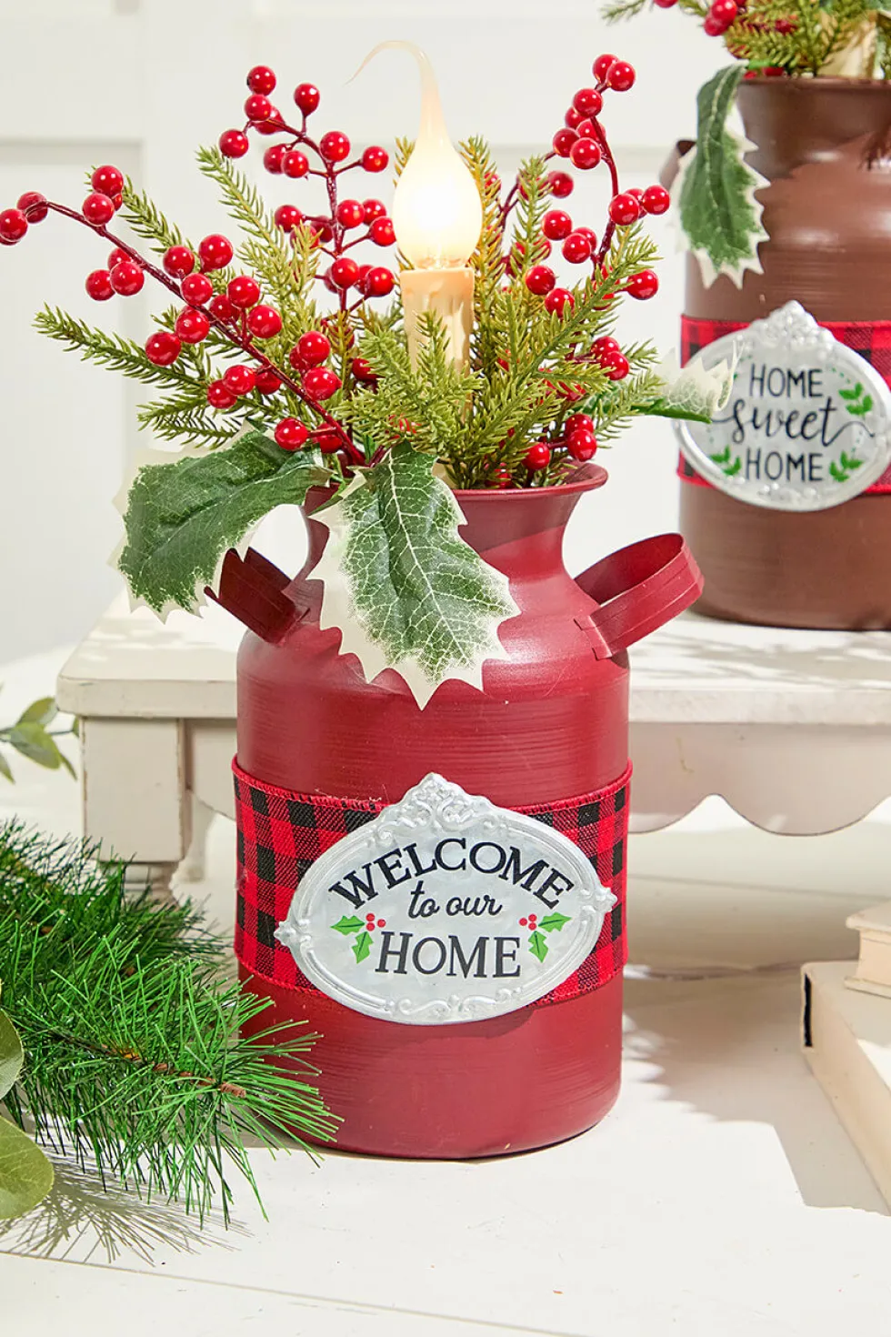 12" Lighted Metal Milk Can with Pine & Berry Arrangement