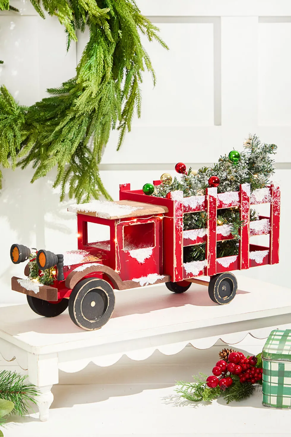 21" Lighted Wood Holiday Truck With Tree