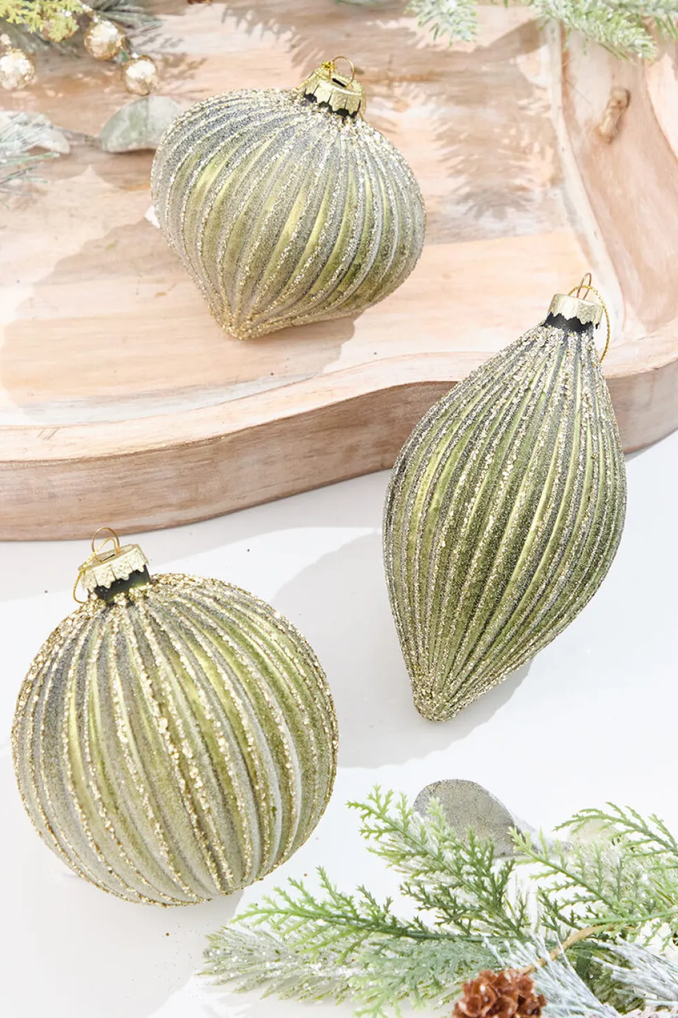 4.25" - 6" Light Green Ribbed Glass Ornaments