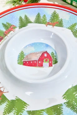 14.96" Melamine Holiday Barn Design Chip & Dip Plate
