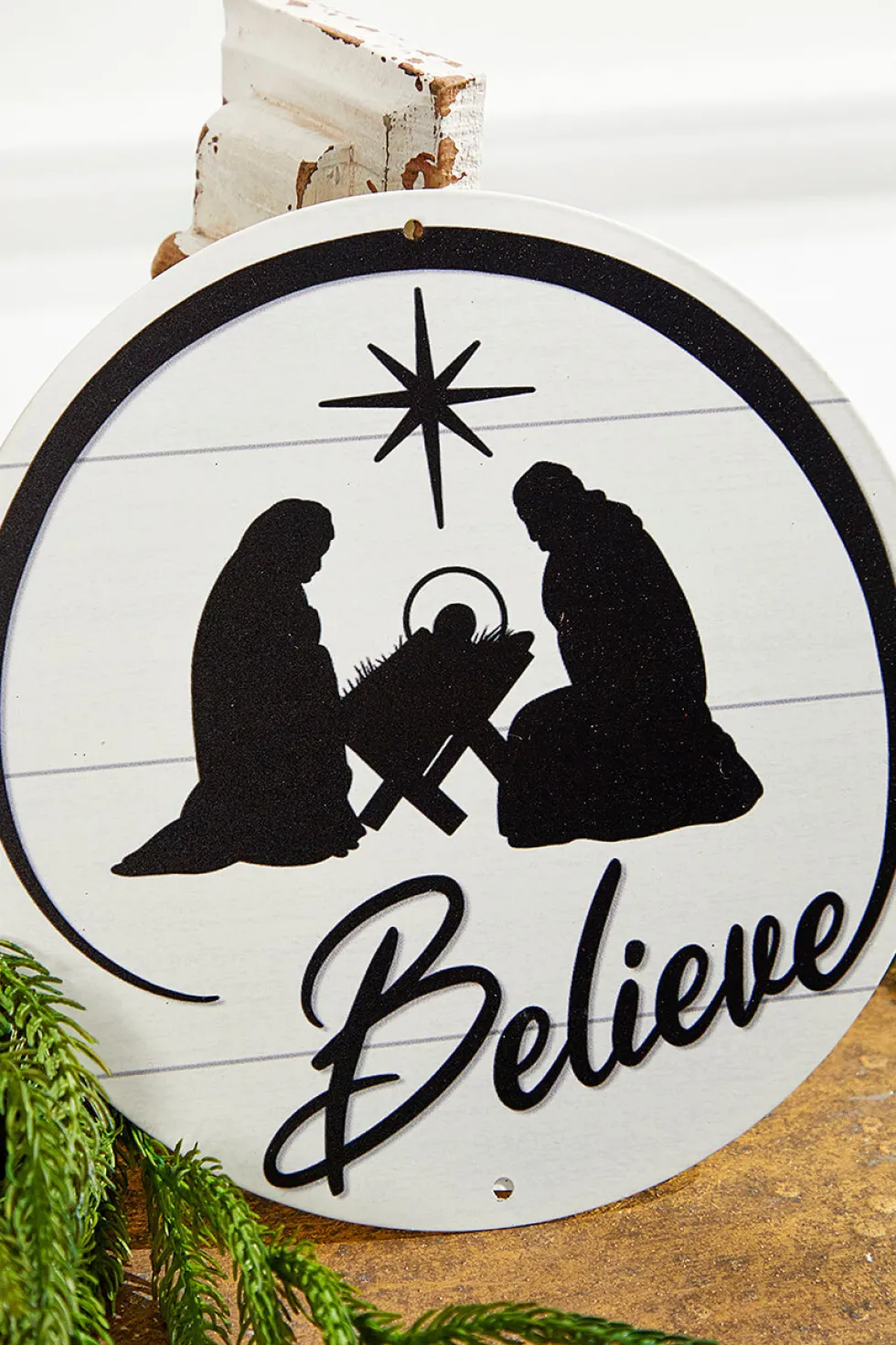 8" Metal Believe with Nativity Scene - Black/White