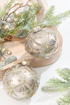 4" Metallic Taupe & Glitter Glass Ornament