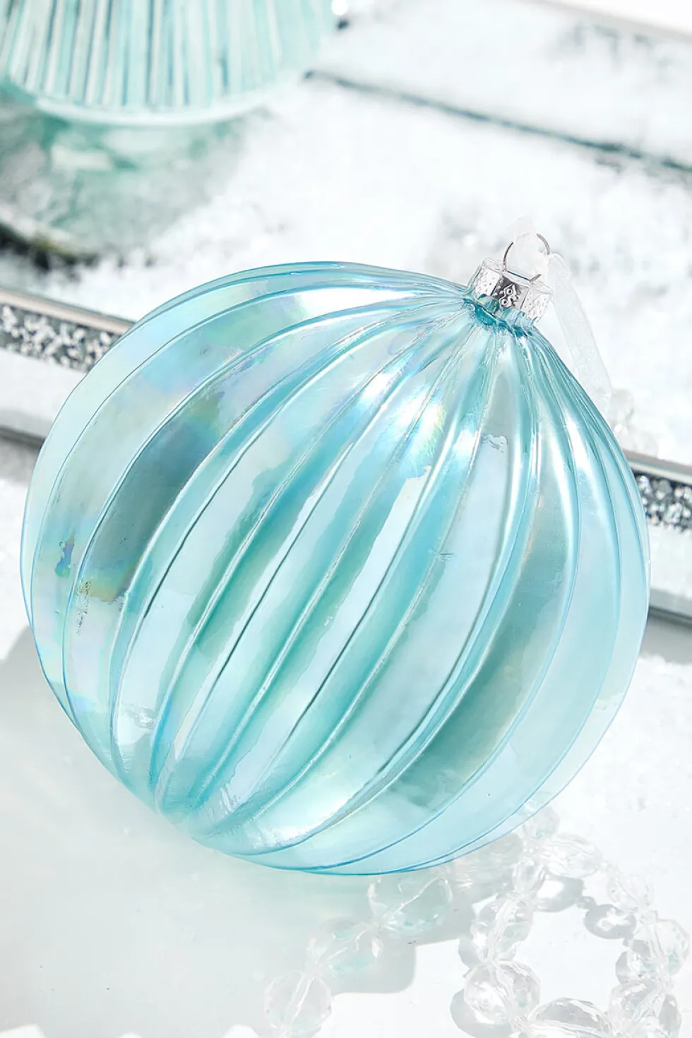 6.75" Northern Sky Blue Pleated Glass Ball Ornament