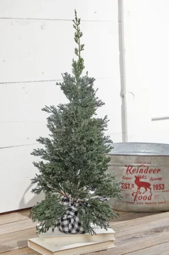 24" Plastic Cedar Tree in Black & White Buffalo Fabric Bucket