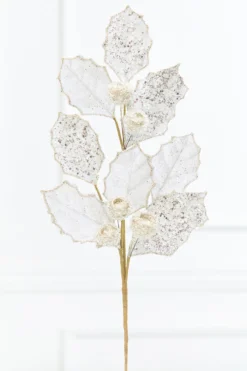 27" Platinum Glitter Berry Leaf Spray