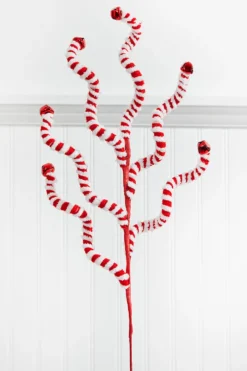 24" Red and White Fabric Peppermint Stripe Jingle Bell Spray