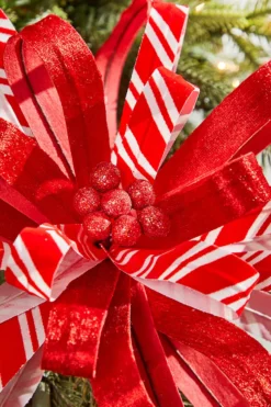 22" Red and White Ribbon Flower Stem