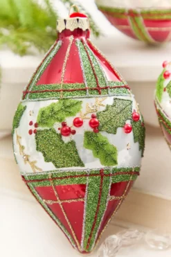 4" - 6" Red & Green Plaid & Holly Glass Ornament