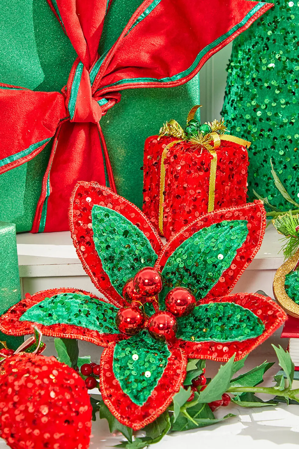 22" Red Green Sequin Poinsettia Stem