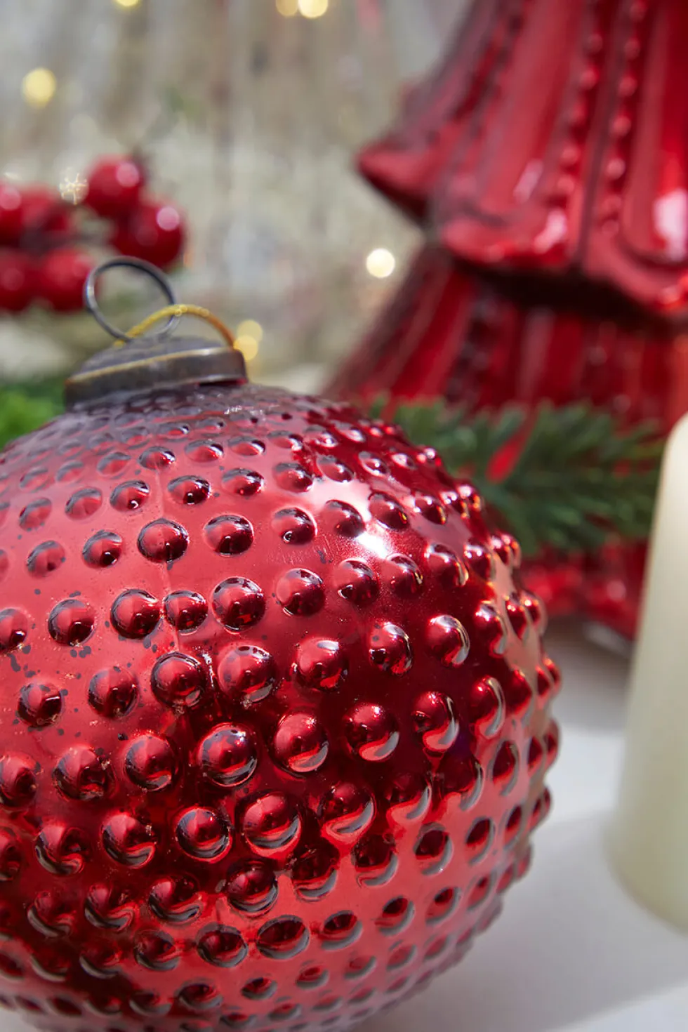 5" Round Hobnail Ruby Mercury Glass Ornament