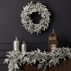9' Royal Oaks Flocked Plug-In Garland with Warm White LED Lights