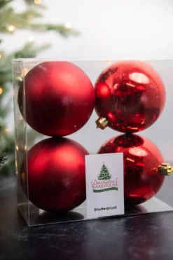 3.9” Shiny/Matte Christmas Red Shatterproof Ornaments - Set of 4